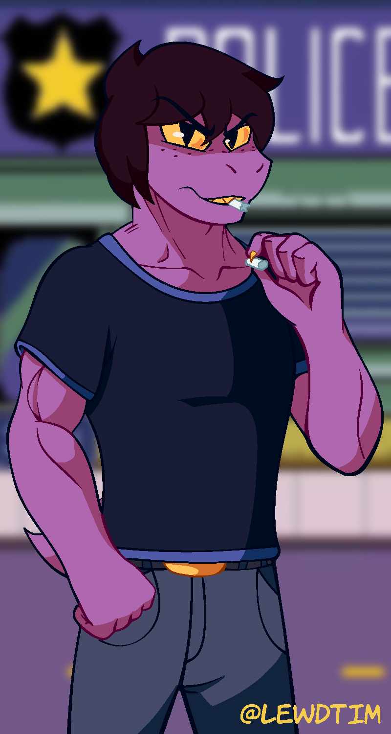 anthro belt belt_buckle buckle chalk clothed clothing crossgender eating ftm_crossgender hair looking_at_viewer male muscular muscular_male purple_hair shirt short_hair solo topwear yellow_eyes yellow_sclera just_tim deltarune undertale_(series) susie_(deltarune) reptile scalie digital_media_(artwork) hi_res