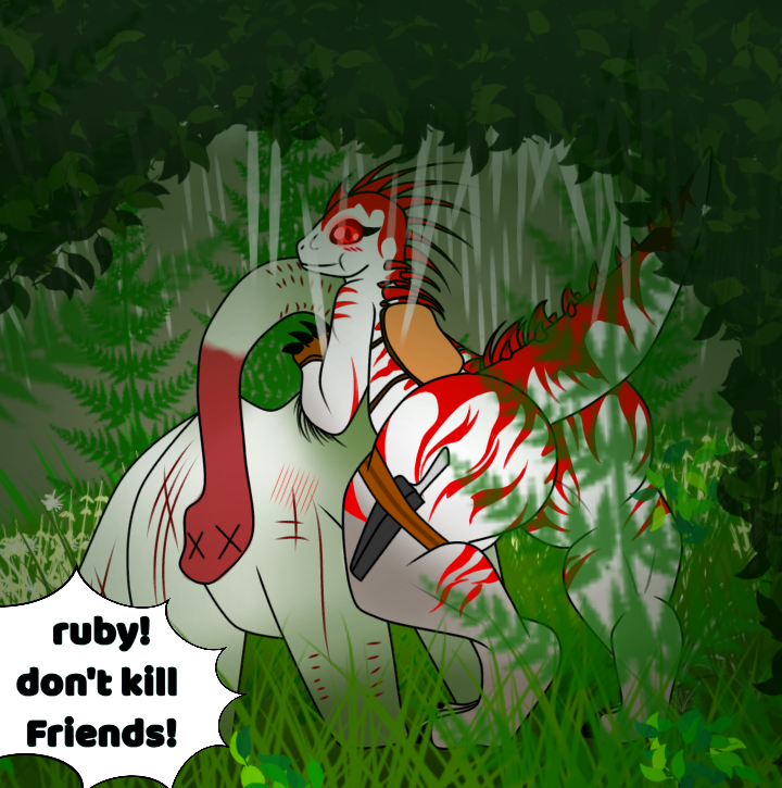 anthro big_butt butt claws death dialogue dialogue_box duo female feral flower forest glistening glistening_eyes gore gradient_background green_body horn knife leaf long_tail plant raining saddle shadow simple_background tail text thorns tree white_body kajizy jurassic_park jurassic_world universal_studios ruby_(kajizy) abelisaurid camarasaurid camarasaurus carcharodontosaurid carnotaurus dinosaur giganotosaurus indominus_rex prehistoric_species reptile sauropod sauropodomorph scalie theropod tyrannosaurid tyrannosauroid tyrannosaurus tyrannosaurus_rex english_text