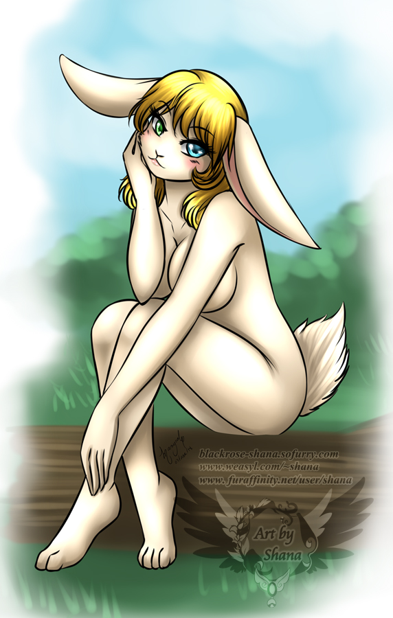 anthro female heterochromia looking_at_viewer nude sitting solo shana lagomorph leporid mammal rabbit