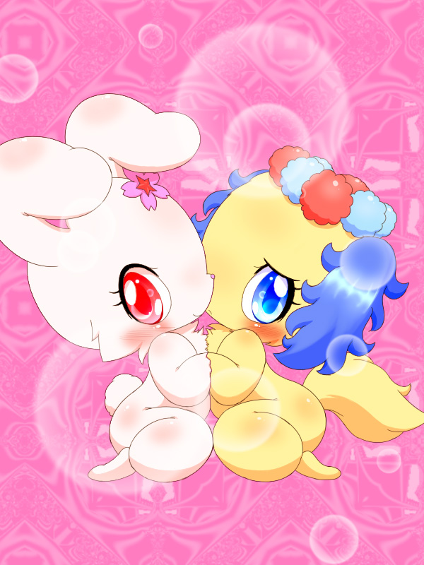 ambiguous_gender anthro blue_eyes blush bubble chibi duo floppy_ears flower hug looking_at_viewer lop_ears plant red_eyes shy smile nitrile jewelpet sanrio sega sega_fave ruby_(jewelpet) sapphie_(jewelpet) bird_dog canid canine canis cavalier_king_charles_spaniel domestic_dog hare hunting_dog lagomorph leporid mammal spaniel toy_dog 3:4