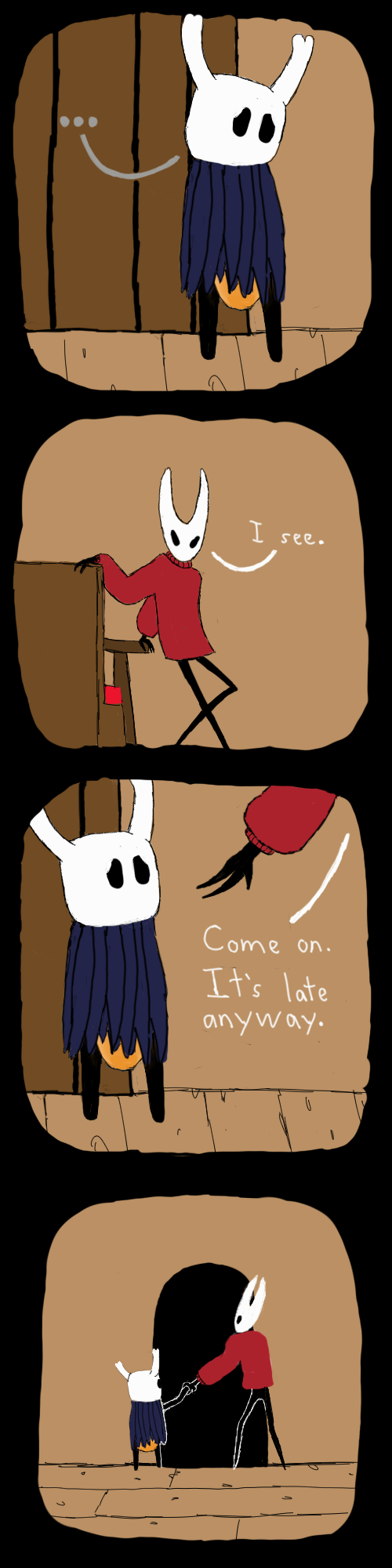 ambiguous_gender anthro black_body bodily_fluids clothed clothing dialogue diaper diaper_fetish duo female genital_fluids hand_holding size_difference text unclean_diaper urine used_diaper wearing_diaper wet_diaper wetting soiledvessels hollow_knight team_cherry hornet_(hollow_knight) the_knight_(hollow_knight) arthropod insect vessel_(species) comic digital_media_(artwork) english_text hi_res long_image tall_image