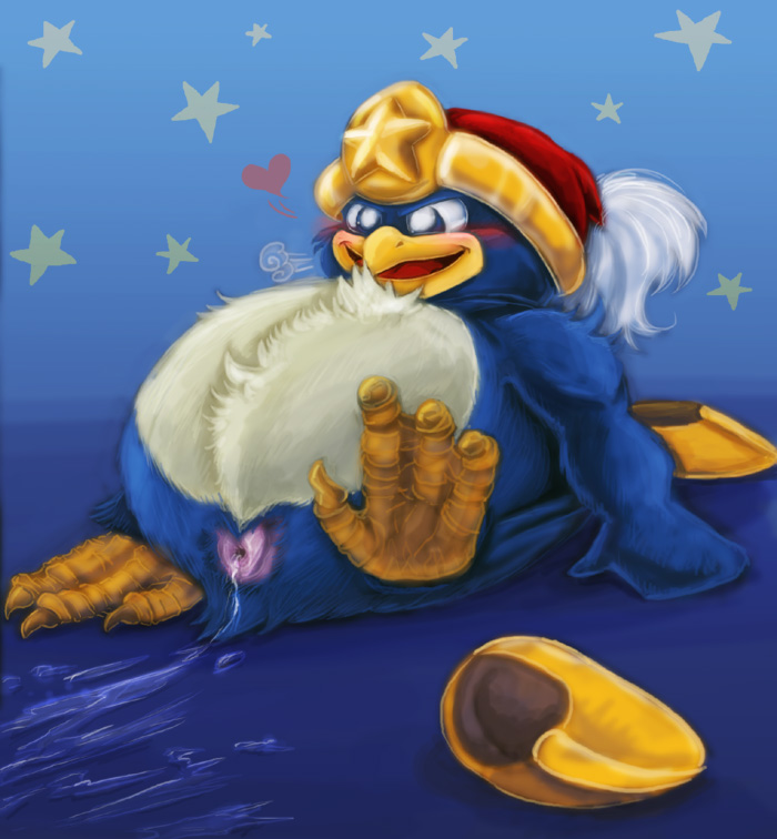 anatomically_correct animal_genitalia anthro avian_butt beak blue_body blue_eyes blue_fur blush bodily_fluids cloaca cloaca_juice feet fur genital_fluids genitals heart_symbol male presenting presenting_cloaca round_cloaca royalty solo talons toes white_body white_fur evanight kirby_(series) nintendo king_dedede avian