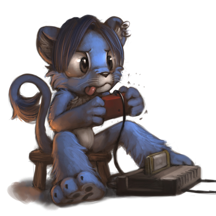 3_toes 4_fingers anthro arms_bent bent_legs big_eyes big_head biped black_nose blue_body blue_fur brown_eyes cable casual_nudity claws console_on_ground controller cord ear_piercing electronics famicom_cartridge famicom_console famicom_controller feet fingers fur furniture game_cartridge game_console game_controller game_media gaming grey_body grey_fur hair holding_controller holding_game_controller holding_object licking licking_lips licking_own_lips male nintendo_console nintendo_controller nude piercing playing_video_game retro_console retro_controller self_lick short_hair simple_background sitting sitting_on_stool solo stool storage_media tail tail_tuft thin_tail toes tongue tongue_out tuft wavy_tail whiskers white_background white_whiskers wired_controller silverfox5213 famicom nintendo nintendo_entertainment_system felid mammal 1:1