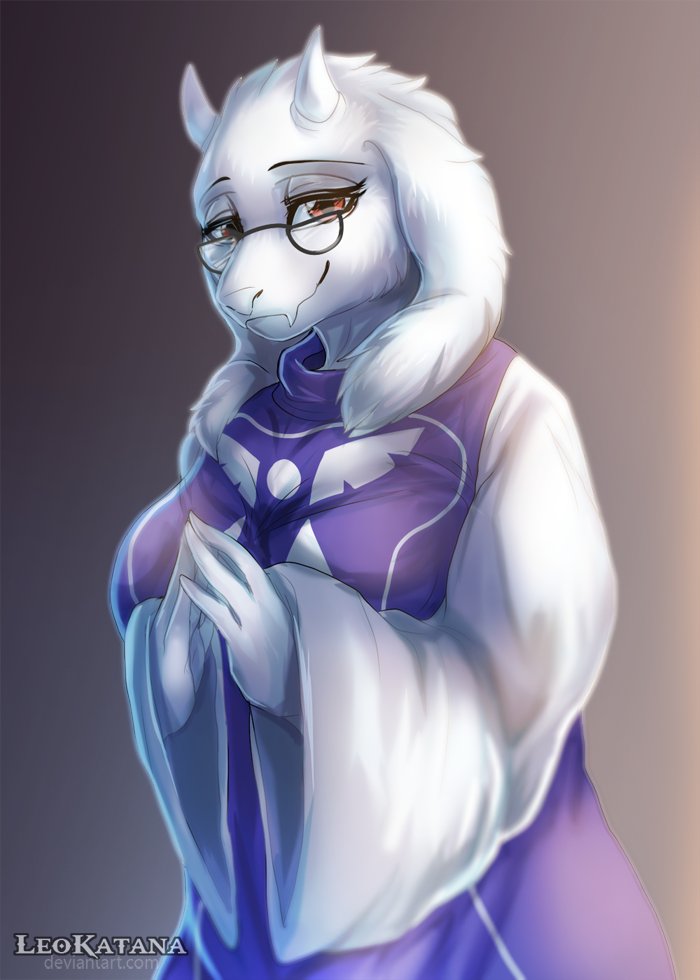 anthro big_breasts breasts clothed clothing eyewear female fur glasses grey_background half-closed_eyes horn looking_at_viewer narrowed_eyes red_eyes robe simple_background smile solo text white_body white_fur white_horn leokatana undertale undertale_(series) toriel boss_monster_(undertale) bovid caprine mammal 2016 english_text