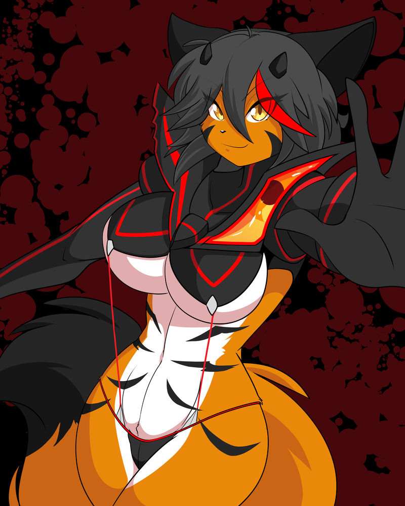 anthro armor big_breasts bikini_armor blood bodily_fluids breasts clothed clothing cosplay eye_through_hair female gloves hair handwear looking_at_viewer multicolored_hair orange_eyes pupils simple_background skimpy slit_pupils solo stripes thong translucent translucent_hair unconvincing_armor under_boob underwear sagestrike2 kill_la_kill studio_trigger fulvus senketsu canid canine fox kamui_(kill_la_kill) mammal 4:5