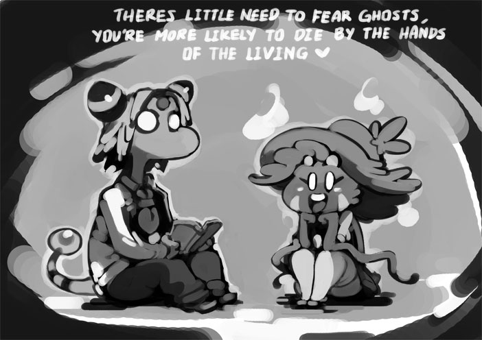 :d cheerful clothing dark_humor duo female hands_on_chin legwear male nervous reading sitting smile thigh_highs bittenhard nintendo pokemon portia_(bittenhard) ampharos generation_2_pokemon generation_4_pokemon mismagius pokemon_(species) digital_media_(artwork) monochrome