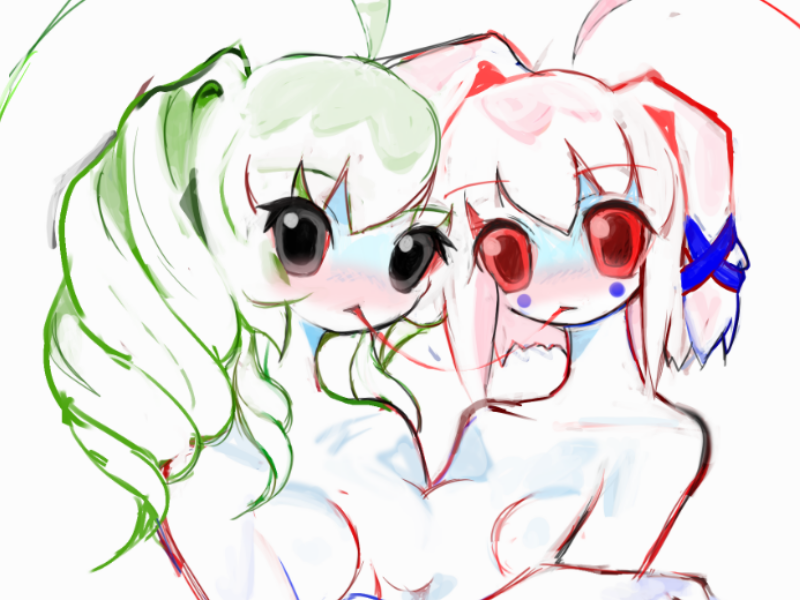 ahoge black_eyes blush breasts duo female female/female green_hair hair pink_hair red_eyes red_sclera yogurt200 heartlovepowertemple rabbitmaiden_softworks conja teja alien animal_humanoid humanoid lagomorph lagomorph_humanoid leporid_humanoid mammal mammal_humanoid rabbit_humanoid venus_rabbit 4:3