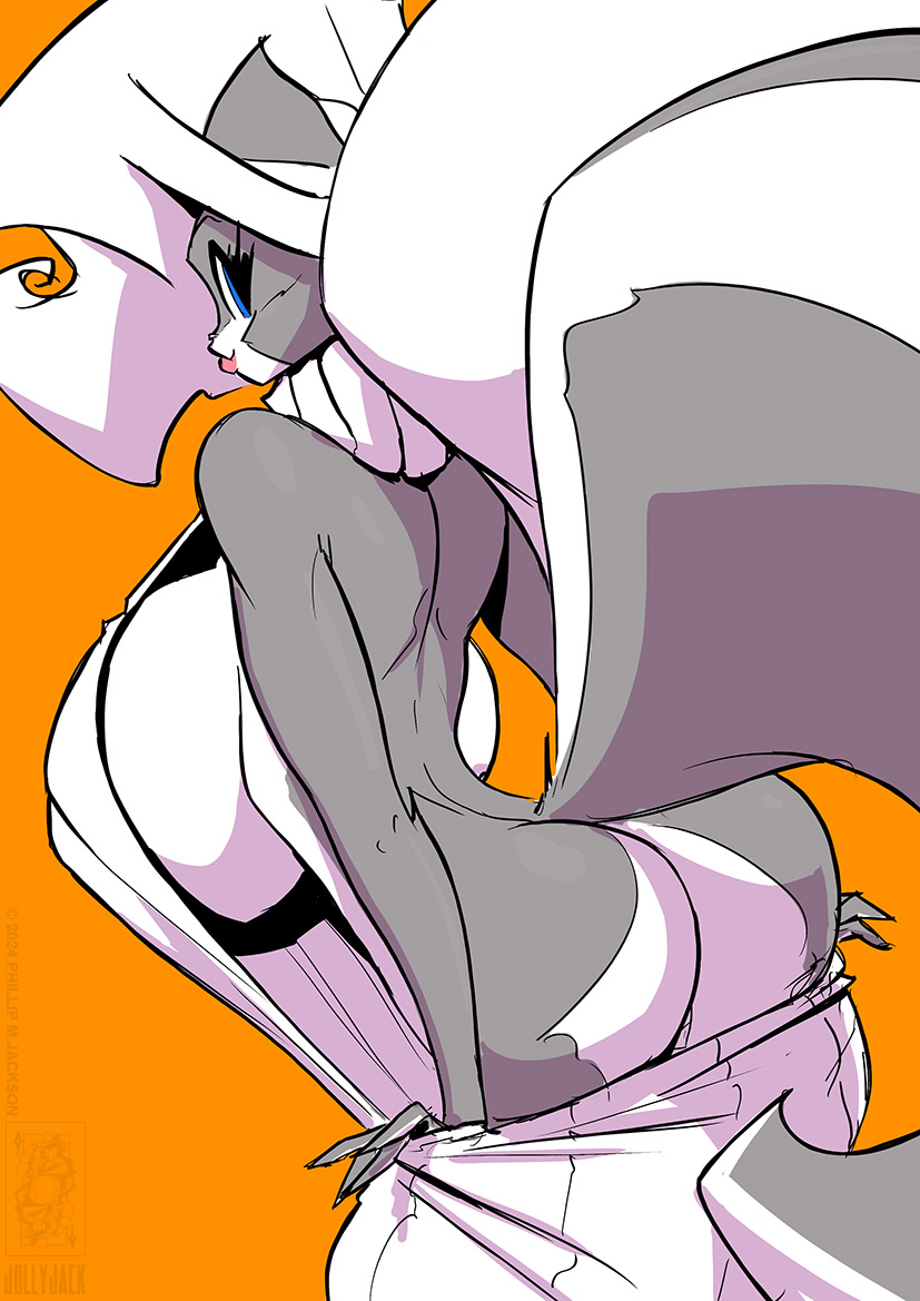 anthro bare_back big_breasts blue_eyes breasts butt clothing eyelashes female huge_breasts looking_back orange_background simple_background solo sweater tail topwear undressing conditional_dnp jollyjack chloe_sinclaire mammal mephitid skunk 2024