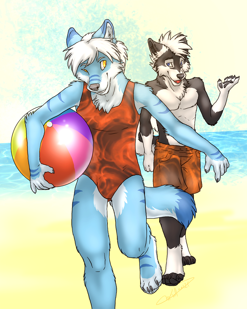 4_toes anthro arm_by_side ball beach beach_ball bent_arm blue_body blue_eyes blue_fur bottomwear bulge clothed clothing crossdressing detailed_background duo extended_arm feet femboy fur hair holding_ball holding_beach_ball holding_object inflatable looking_back male one-piece_swimsuit one_calf_up orange_bottomwear orange_clothing orange_topwear outside paws pool_toy raised_calf raised_foot sand sea seaside simple_background sky smile straight_arm stripes swimming_trunks swimwear toes topwear tucked_arm walking water white_hair yellow_eyes fuckie barrakoda strict_husky canid canine canis domestic_dog husky mammal nordic_sled_dog spitz wolf 4:5 digital_media_(artwork)