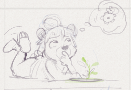 anthro bottomless butt clothed clothing female hair hair_bun lying on_front plant simple_background solo thinking thought_bubble thoughtful_expression young young_anthro young_female rb flora_(scottykat) bear mammal sun_bear ursine colored_sketch sketch