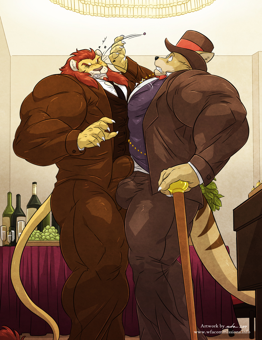 alcohol anthro beard belly beverage big_muscles black_nose bottomwear bow_(feature) bow_tie bulge cane classy claws clenched_teeth clothing container cup detailed_background duo eyes_closed facial_hair food fruit furniture glass grape holding_object huge_muscles hyper hyper_muscles male manly mature_anthro mature_male muscular muscular_male necktie nervous pants paws pecs pink_nose plant shirt side_view standing suit table tail teeth topwear wine wfa canid canine canis domestic_dog felid lion mammal pantherine