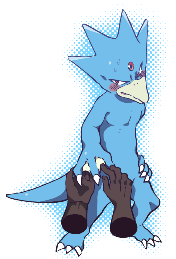 anthro beak blue_body blush bodily_fluids claws disembodied_hand duo embarrassed feeling membrane_(anatomy) simple_background sweat sweatdrop webbed_hands minashirazu nintendo pokemon anatid anseriform avian bird duck generation_1_pokemon golduck human mammal pokemon_(species) 2020 digital_media_(artwork)