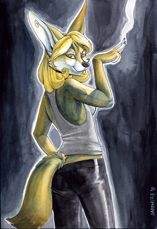 anthro black_bottomwear black_clothing bottomwear clothing female glistening pants shirt smoking solo tail tank_top tight_bottomwear tight_clothing topwear white_clothing white_topwear sapphire_(artist) kael canid canine fennec_fox fox mammal true_fox 2008 mixed_media painting_(artwork) pen_(artwork) traditional_media_(artwork) watercolor_(artwork)