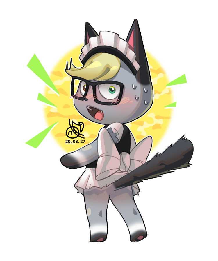 anthro blonde_hair blush bodily_fluids clothed clothing crossdressing embarrassed eyewear fur glasses grey_body grey_fur hair heterochromia maid_uniform male ribbons solo sweat uniform doro-nyong animal_crossing nintendo raymond_(animal_crossing) domestic_cat felid feline felis mammal 5:6