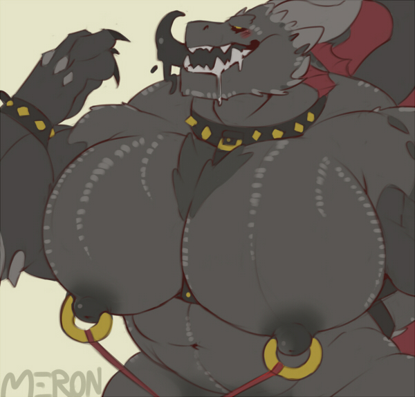 abs accessory ahegao anthro armwear aroused bdsm biceps big_muscles big_nipples big_pecs big_tail big_tongue black_body black_scales blush bondage bound chest_tuft clothing collar horn kneeling long_tongue looking_pleasured male muscular muscular_anthro muscular_male muscular_sub nipple_bondage nipple_fetish nipple_piercing nipple_play nipples nude open_mouth pecs piercing restraints ring_piercing scales simple_background solo spiked_collar spikes submissive tail tongue tongue_out tuft wings merong mythology drogon dragon mythological_creature mythological_scalie scalie digital_media_(artwork)