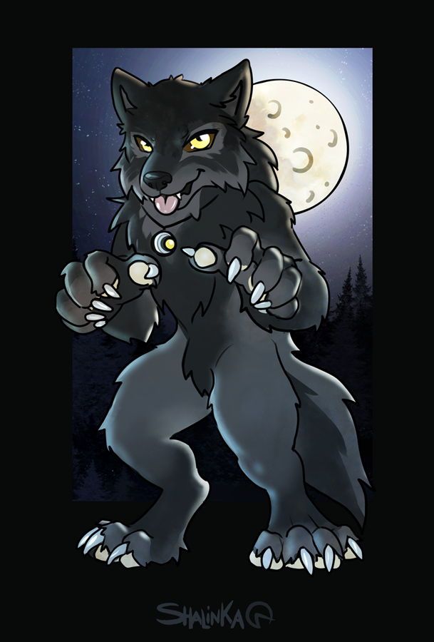 anthro black_body black_fur detailed_background fur male moon night outside sky smile solo star starry_sky shalinka mythology canid canine canis mammal mythological_canine mythological_creature werecanid werecanine werecreature werewolf wolf 2021 digital_media_(artwork)