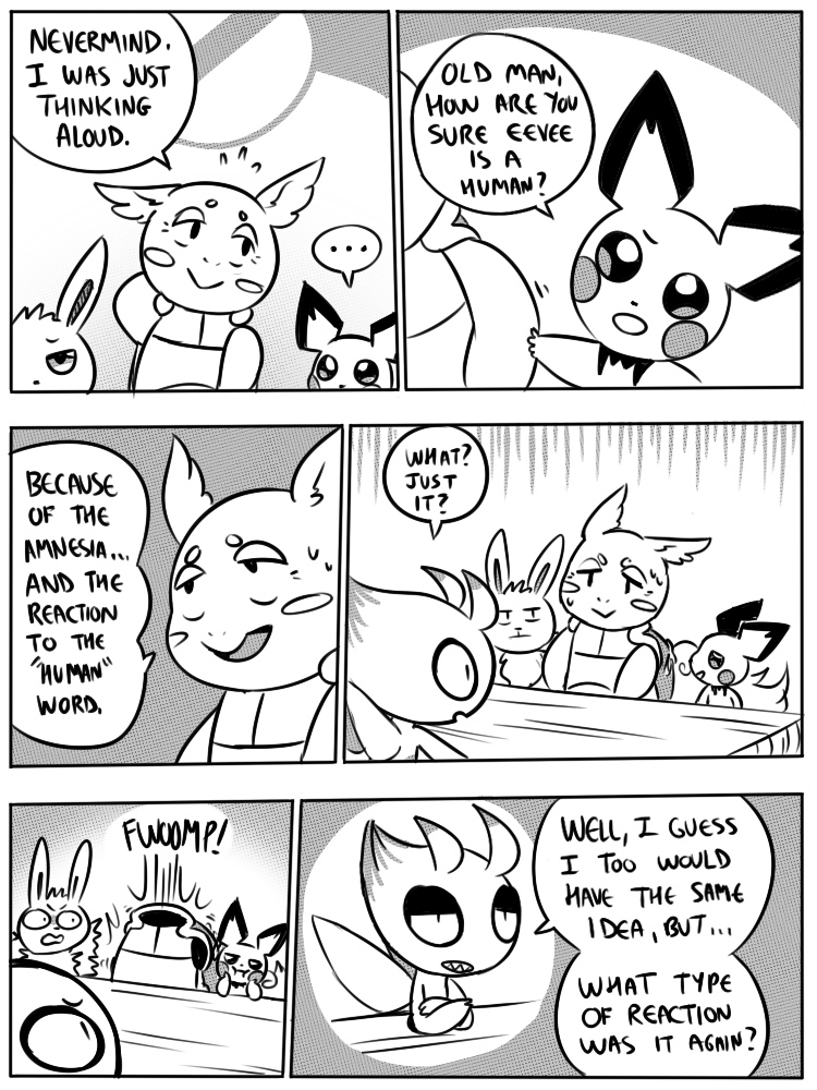 6_panel_comic ambiguous_gender antennae_(anatomy) black_eyes black_text bodily_fluids cheek_spots clenched_teeth closed_smile conjoined_speech_bubble crossed_arms dialogue ellipsis exclamation_point eyebrows fur furniture group hand_behind_head looking_at_another mouth_closed neck_tuft open_mouth pupils question question_mark sharp_teeth size_difference smile sound_effects speech_bubble sweat sweatdrop table talking_to_another teeth text tongue tuft white_sclera wings wood wood_furniture wood_table flavia-elric nintendo pokemon pokemon_mystery_dungeon spike_chunsoft bayani_(yapc) celebi_(yapc) lux_(yapc) neil_(yapc) celebi eevee generation_1_pokemon generation_2_pokemon legendary_pokemon pichu pokemon_(species) wartortle 2019 3:4 comic digital_media_(artwork) english_text greyscale monochrome