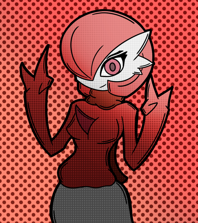 3_fingers clothing double_v_sign female fingers gesture hair hair_over_eye hand_gesture looking_at_viewer not_furry one_eye_obstructed pink_eyes red_background red_hair scarf simple_background smile smirk solo v_sign malegardevoir nintendo pokemon gardevoir generation_3_pokemon humanoid pokemon_(species) 2022