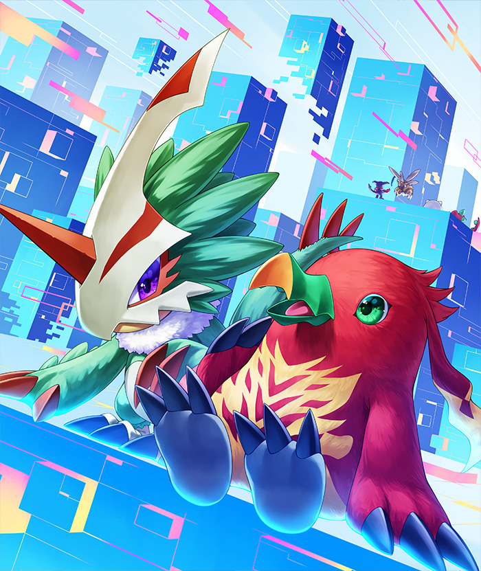 angry anthro beak claws cyberspace duo feathers green_body green_eyes green_feathers male mask orange_body orange_feathers purple_eyes sitting smile wings bandai_namco digimon digimon_liberator digimon_(species) fanbeemon impmon muchomon pteromon official_art