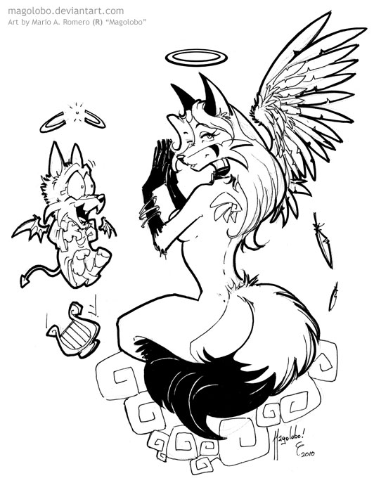 anthro breasts duo feathered_wings feathers female fluffy fluffy_tail looking_at_viewer membrane_(anatomy) membranous_wings side_boob simple_background tail white_background wings magolobo angie_(magolobo) angel canid canine demon fox mammal 2010 black_and_white monochrome