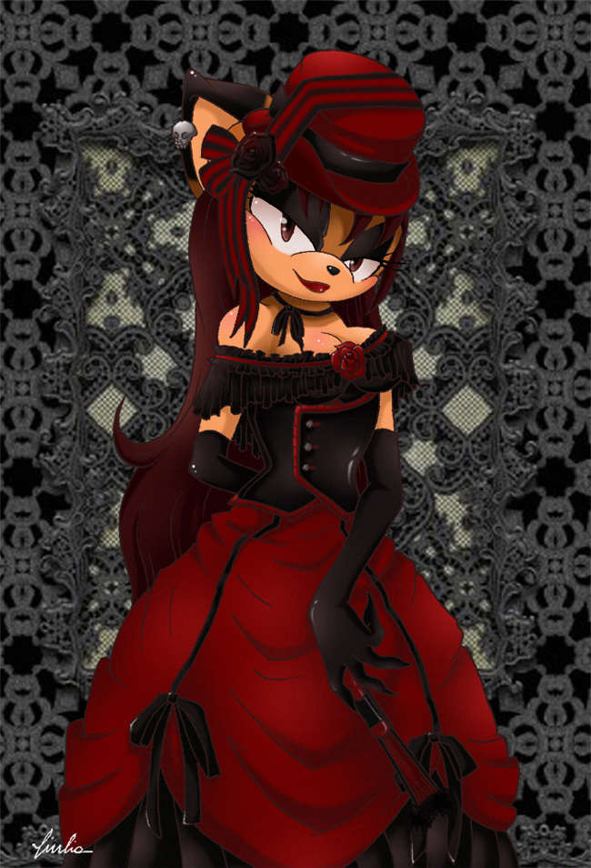 abstract_background alternative_fashion anthro armwear bow_choker bow_dress bow_hat breasts brown_eyes cleavage clothed clothing dress elbow_gloves female flower folding_fan gloves goth gothic_lolita hand_fan handwear hat hat_ribbon headgear headwear j-fashion lips lipstick lolita_(fashion) looking_at_viewer makeup plant red_lips rose_(flower) skull_piercing solo top_hat victorian_goth sweetcianuro sega sonic_the_hedgehog_(series) fan_character felid feline lynx mammal