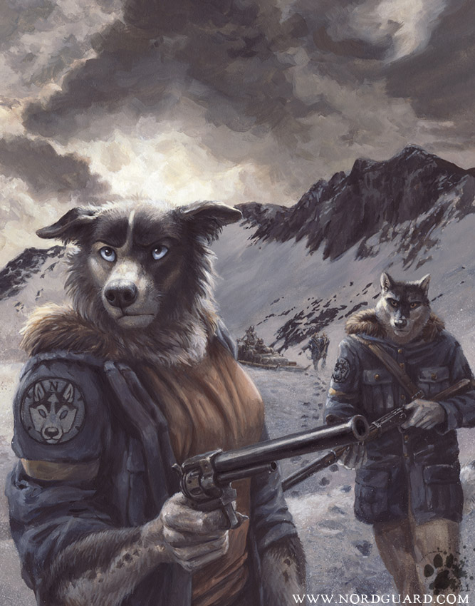 anthro black_nose blue_eyes clothed clothing cloud day detailed_background duo gun handgun male no_sclera outside overcast ranged_weapon revolver rifle sky sled snow weapon winter yellow_eyes blotch border_collie canid canine canis collie domestic_dog herding_dog mammal pastoral_dog sheepdog 2011 detailed lol_comments watermark