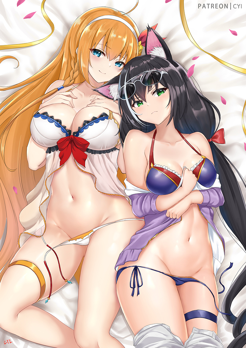 big_breasts black_body black_fur black_hair blue_eyes blush breast_size_difference breasts cleavage clothed clothing duo eyewear female fur glasses green_eyes hair long_hair medium_breasts orange_hair simple_background underwear cyicheng cygames princess_connect! princess_connect!_re:dive karyl_(princess_connect!) pecorine_(princess_connect!) animal_humanoid cat_humanoid felid felid_humanoid feline feline_humanoid human humanoid mammal mammal_humanoid