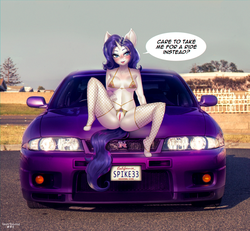 anthro anthrofied blush car clothing dialogue female genitals hair horn on_hood outside pussy r33_gtr solo spread_legs spreading text vehicle tawni_tailwind friendship_is_magic hasbro my_little_pony mythology nissan nissan_gtr rarity_(mlp) equid equine mammal mythological_creature mythological_equine unicorn 2018 english_text