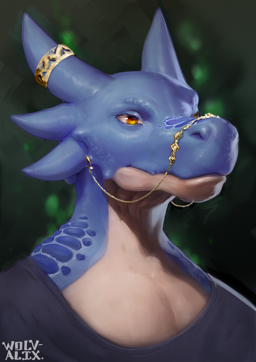 anthro blue_body blue_scales eyelashes female piercing scales solo wolvalix kobold scalie bust_portrait hi_res portrait