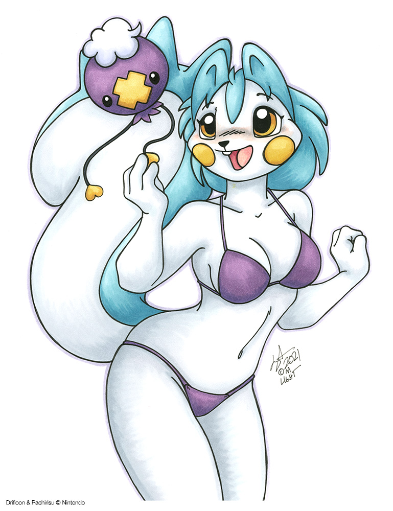 ambiguous_gender anthro beady_eyes bikini black_eyes blue_body blue_fur blue_hair breasts clothing duo female feral fur hair open_mouth orange_eyes purple_body simple_background swimwear text two-piece_swimsuit white_background white_body white_fur yellow_body michele_light nintendo pokemon drifloon generation_4_pokemon pachirisu pokemon_(species) 2021 signature