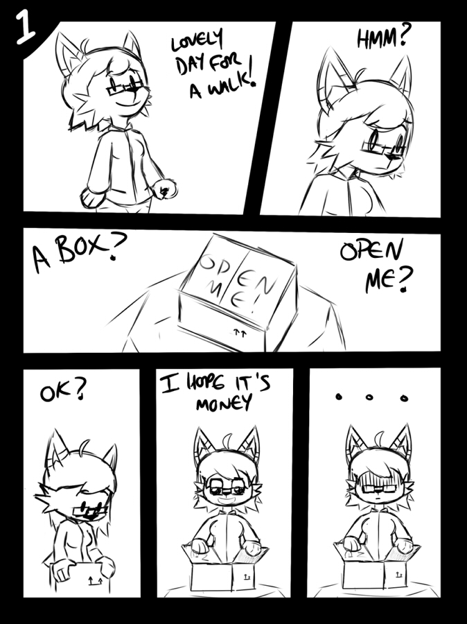 anthro box clothed clothing container dialogue ellipsis exclamation_point female fur hair humor question_mark simple_background smile solo surprise text white_background neonlink lola_(neonlink) domestic_cat felid feline felis mammal black_and_white comic english_text monochrome preview sketch