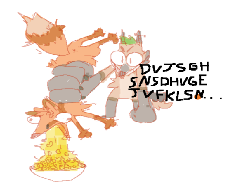 anthro cheese countershading dairy_products duo feral food fur humor macaroni macaroni_and_cheese orange_body orange_fur pasta shitpost rollei rolleishep kaimstain canid canine fox kit_fox mammal true_fox meme sketch nonbinary_(lore)