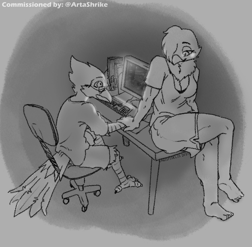 4_toes anthro avian_feet beak bottomwear breasts chair clothed clothing computer crossed_legs duo electronics eyebrows eyewear feathers feet female furniture glasses hair hair_over_eye hand_on_hand head_tuft looking_at_another male neck_tuft office_chair one_eye_obstructed plantigrade shirt short_hair shorts simple_background sitting tail tail_feathers talons text toes topwear tuft canisfidelis clara_(canisfidelis) avian bird corvid corvus_(genus) crow oscine passerine shrike 2021 digital_drawing_(artwork) digital_media_(artwork) english_text monochrome