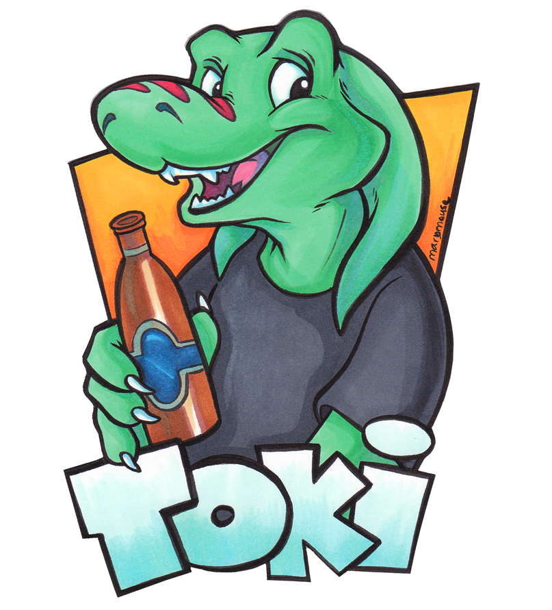 alcohol anthro beer beverage bottle clothed clothing container fangs green_body holding_bottle holding_container holding_object looking_at_viewer male open_mouth simple_background smile solo stripes teeth white_background marymouse toki_(character) lizard reptile scalie 2011 character_badge_(artwork)