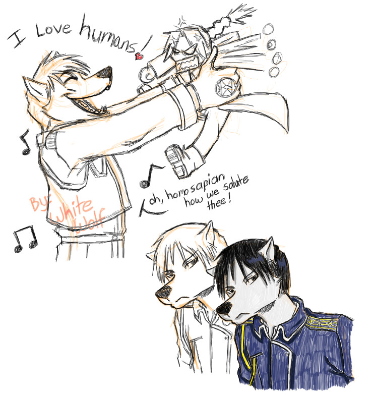 anthro group heart_symbol male musical_note musical_symbol open_mouth parody symbol fuzzycoma fullmetal_alchemist roy_mustang canid canine canis human mammal wolf colored_pencil_(artwork) marker_(artwork) traditional_media_(artwork)