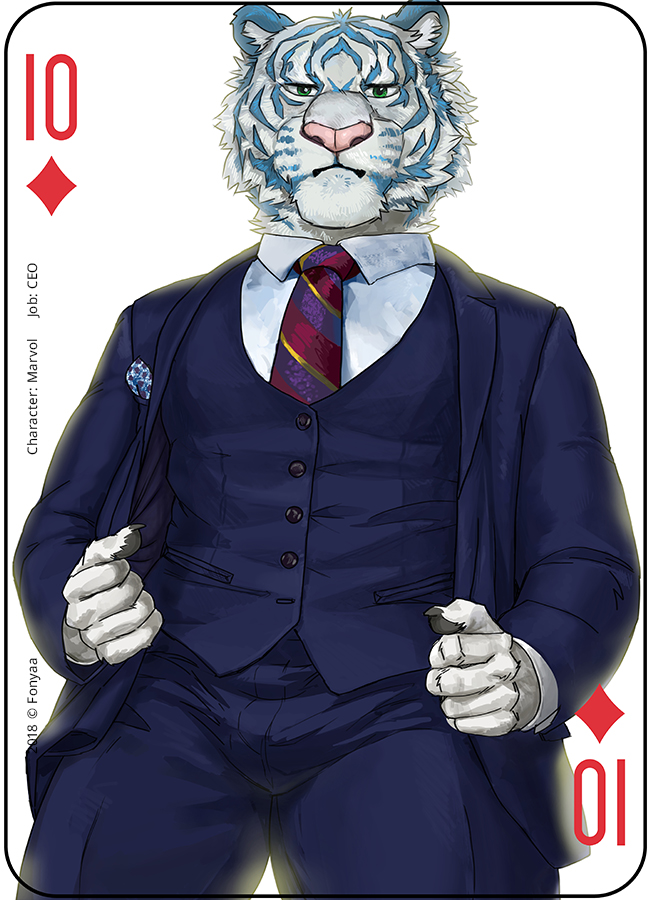 anthro bottomwear card card_template ceo clothed clothing copyright_symbol diamonds_(suit) fur green_eyes looking_at_viewer male multicolored_body multicolored_fur muscular muscular_anthro muscular_male necktie pants playing_card playing_card_template shirt simple_background solo standing striped_body striped_fur stripes suit suit_symbol symbol ten_of_diamonds text topwear white_body white_fur fonyaa felid mammal pantherine tiger 2018 digital_media_(artwork) english_text