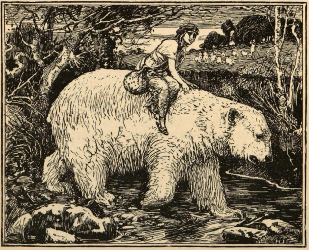 clothed clothing female feral fur long_fur male nude outside plant riding riding_on_back river tree white_body white_fur h_j_ford east_of_the_sun_and_west_of_the_moon fairy_tales lang's_fairy_books the_blue_fairy_book bear human mammal 1889 19th_century ancient_art monochrome traditional_media_(artwork)