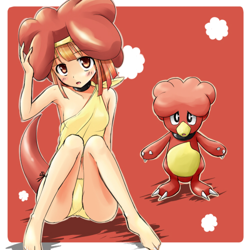 alternate_species anthro brown_eyes clothing duo female hair humanoidized panties pokemorph red_eyes semi-anthro tail underwear ranphafranboise nintendo pokemon animal_humanoid avian generation_2_pokemon humanoid magby pokemon_(species) pokemon_humanoid 1:1 low_res