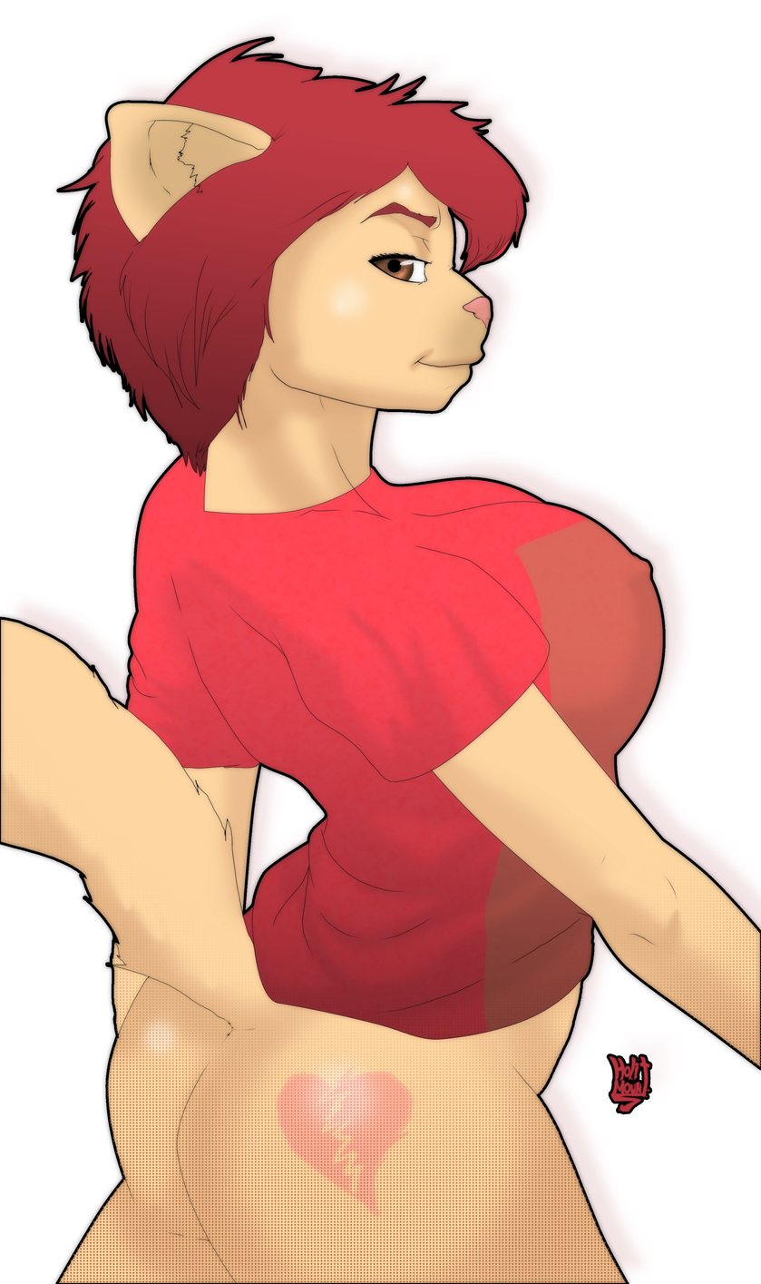 anthro big_breasts big_butt bottomless breasts brown_eyes butt clothed clothing female hair looking_at_viewer nipples red_hair shirt solo tail tattoo topwear holimount domestic_cat felid feline felis mammal hi_res