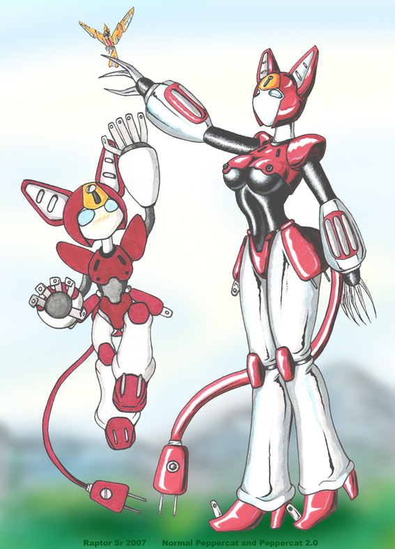 blue_eyes boots breasts claws clothing cord duo feline_ears female footwear high_heeled_boots high_heels machine red_body shoes tail white_body raptor_sr medabots peppercat_(medabots) peppercat robot 2007