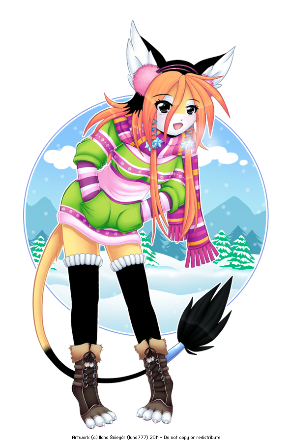 anthro clothing cold earmuffs female footwear legwear scarf simple_background snow socks solo stockings tail tail_tuft text toeless_footwear toeless_socks transparent_background tuft winter luna777 taratsu_(character) moondog alpha_channel english_text