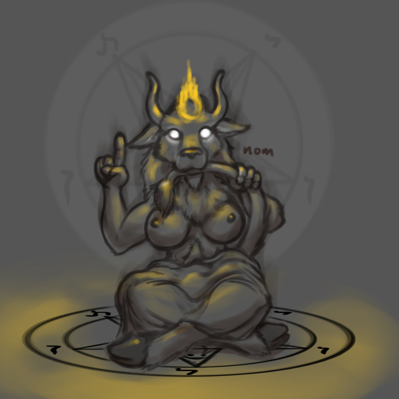 anthro arms_bent bare_breasts bent_legs bite biting_own_tail breasts bulge clothed clothing crossed_legs gesture grey_background gynomorph hand_gesture hand_on_own_tail hand_on_tail holding_tail intersex inverted_pentacle leg_over_shin looking_at_viewer magic magic_circle nom occult_symbol pentacle pentagram pointing pointing_up self_bite simple_background solo symbol tail tail_bite tail_fetish tail_in_mouth tail_play topless totallynotasergal baphomet_(deity) deity demon mammal 1:1