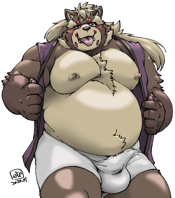 anthro belly blush bottomwear brown_body brown_fur bulge clothing fur kemono male moobs nipples overweight overweight_anthro overweight_male shorts simple_background solo tongue tongue_out white_background exe_exem lifewonders tokyo_afterschool_summoners goemon_(tas) canid canine mammal raccoon_dog tanuki 2020 digital_media_(artwork)