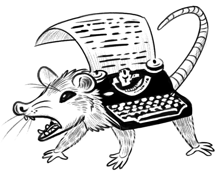 4_toes ambiguous_gender black_eyes feet feral fur hairless_tail hatching open_mouth paper quadruped sharp_teeth solo tail teeth toes typewriter whiskers violet_opossum_typewriter american_opossum mammal marsupial full-length_portrait monochrome portrait shaded