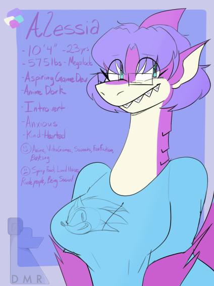 anthro big_breasts blue_eyes braces breasts clothed clothing countershading eyelashes eyewear female fin gills glasses hair head_fin long_neck looking_away nerd non-mammal_breasts purple_body sharp_teeth shirt solo teeth text topwear distortedaries sega sonic_the_hedgehog_(series) sonic_the_hedgehog fish mackerel_shark marine megalodon prehistoric_species shark 2019 english_text half-length_portrait portrait