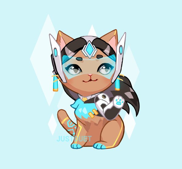 :3 black_eyes black_hair blue_background blue_body blue_fur blue_pawpads brown_body brown_fur female feral feralized front_view fur hair pawpads pink_nose simple_background solo justduet blizzard_entertainment overwatch symmetra_(overwatch) domestic_cat felid feline felis mammal