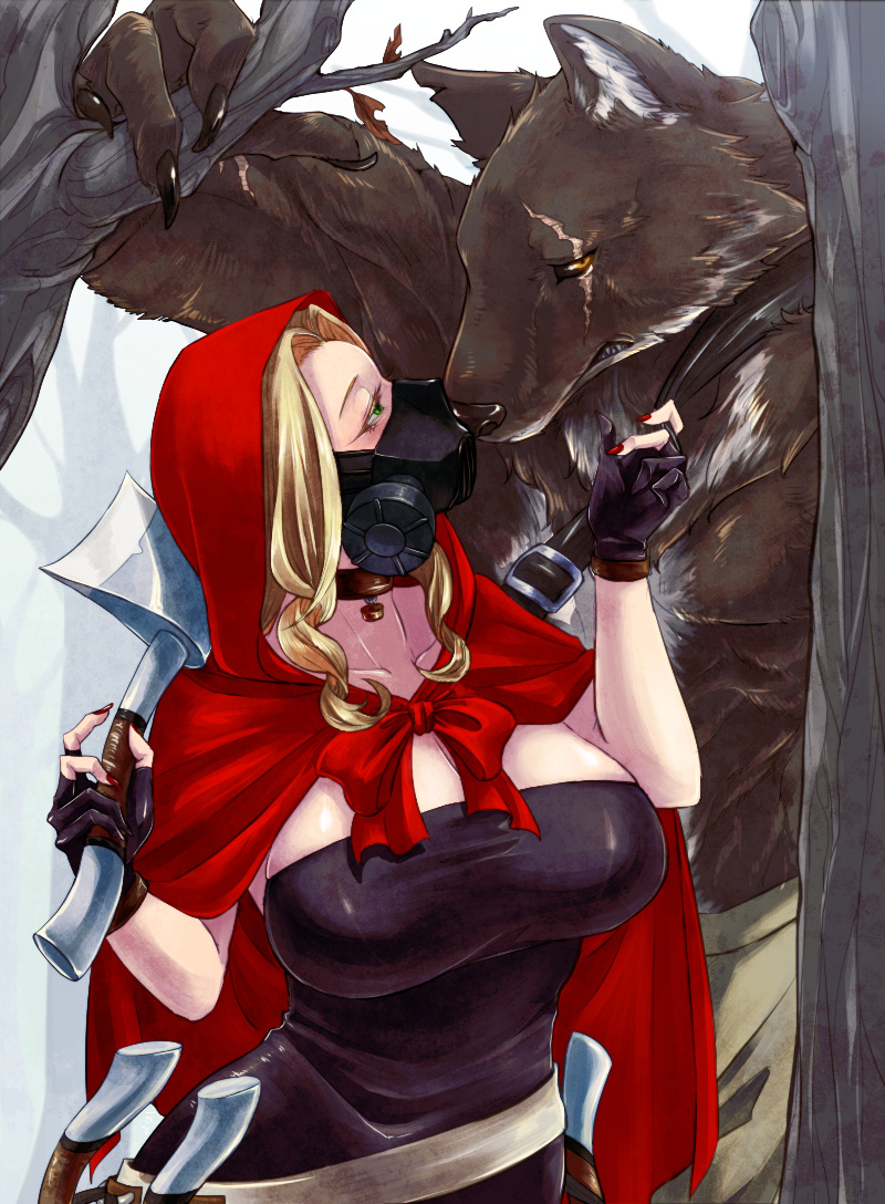 anthro axe big_breasts black_claws blonde_hair breasts brown_body brown_fur claws cleavage clothed clothing colored_nails duo felling_axe female female_on_anthro fingerless_gloves forest fur gas_mask gloves green_eyes hair handwear human_on_anthro inner_ear_fluff interspecies light_body light_skin male male/female male_on_human mask melee_weapon muscular muscular_male nails orange_eyes plant red_hood red_nails scar tree tuft weapon white_body white_fur hyackban fairy_tales little_red_riding_hood_(copyright) big_bad_wolf little_red_riding_hood canid canine canis human mammal wolf