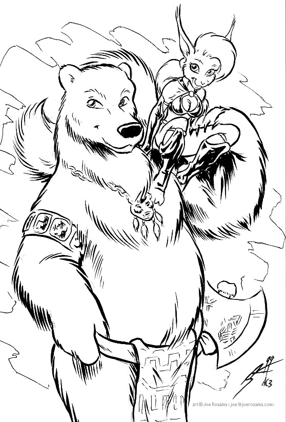 anthro armband axe black_nose bottomwear clothed clothing double_bitted_axe duo female fur jewelry loincloth male melee_weapon necklace size_difference topless tribal weapon joe_rosales bear mammal polar_bear rodent sciurid tree_squirrel ursine black_and_white monochrome