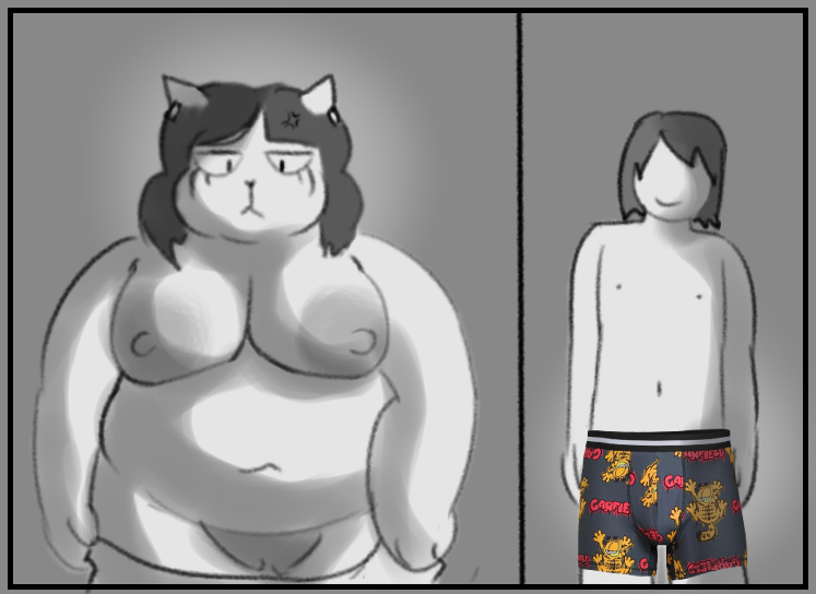 angry anthro boxers_(clothing) breasts clothing cross-popping_vein female genitals humor male mostly_nude nipples overweight overweight_anthro overweight_female pussy shitpost smile underwear undressing oxkingky deltarune garfield_(series) undertale_(series) catti_(deltarune) kris_(deltarune) domestic_cat felid feline felis human mammal 2024 meme sketch