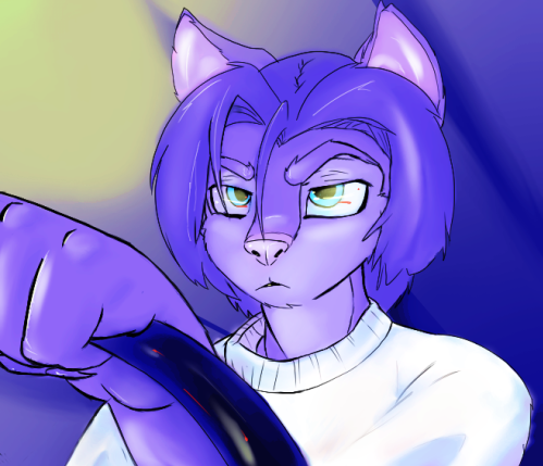 anthro car clothed clothing driving foreshortening front_view fully_clothed inside_car inside_vehicle solo vehicle hayrider thibby_(thibbycat) domestic_cat felid feline felis mammal bust_portrait digital_media_(artwork) low_res portrait restricted_palette